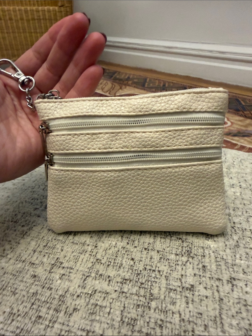 Cream Faux Leather Zip Pouch Keychain Wallet